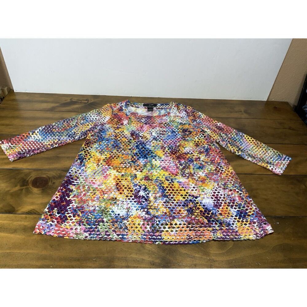 Ali Miles Tunic Top Shirt Blouse Size S 3/4 Sleeve Colorful Mesh Overlay